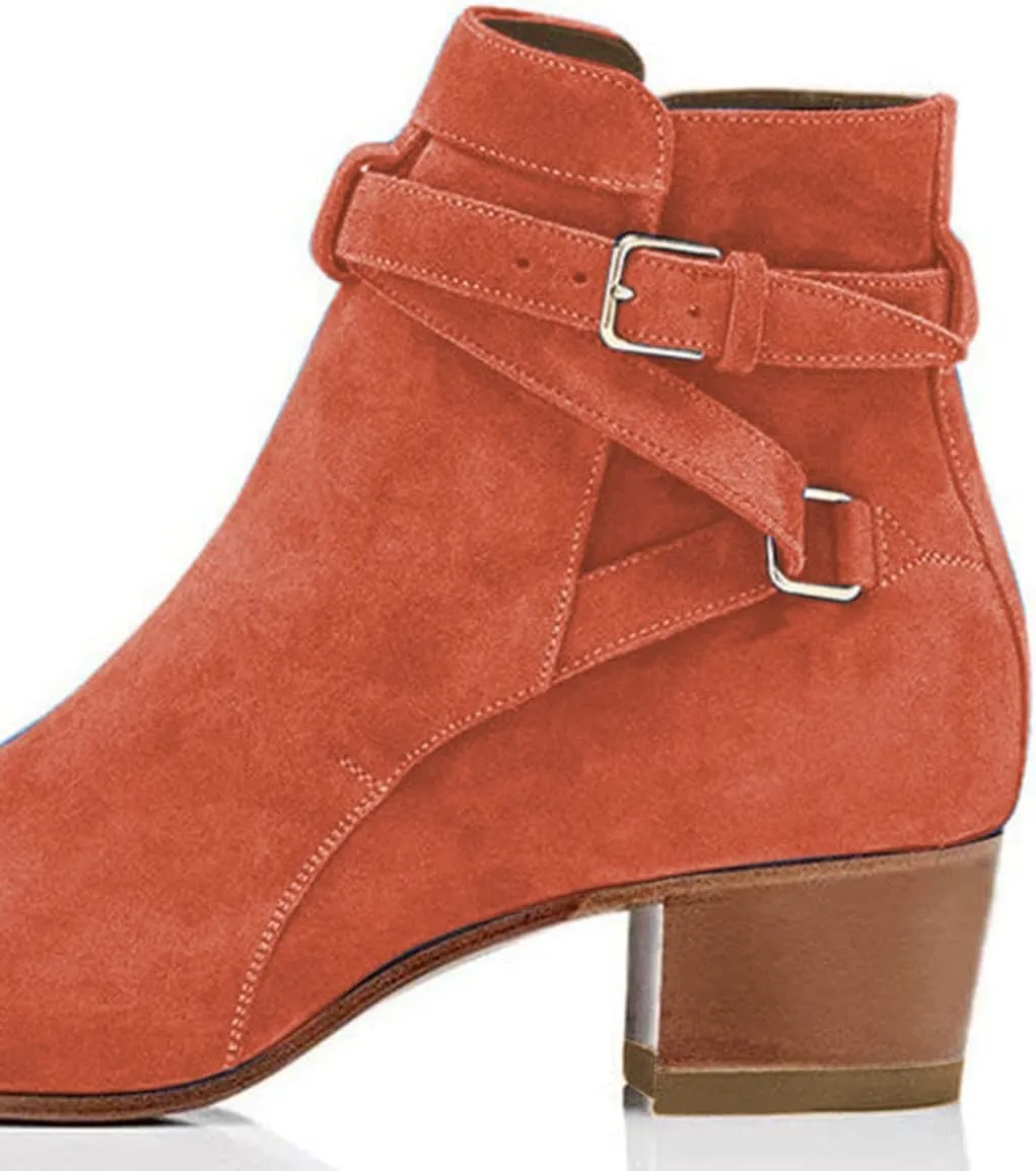 YDN Women Block Low Heel Suede Cowgirl Boots Pull on Ankle Bootie with Buckle