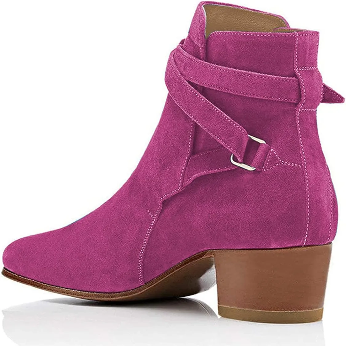 YDN Women Block Low Heel Suede Cowgirl Boots Pull on Ankle Bootie with Buckle