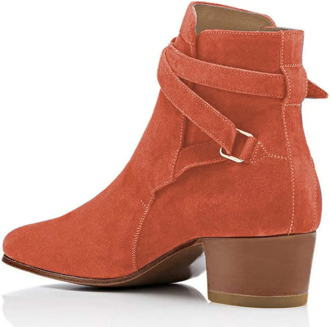 YDN Women Block Low Heel Suede Cowgirl Boots Pull on Ankle Bootie with Buckle