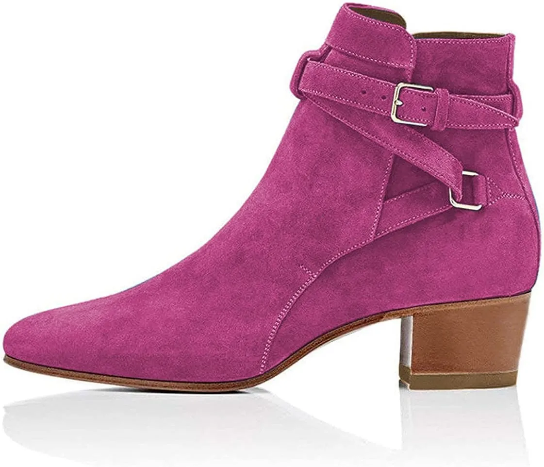 YDN Women Block Low Heel Suede Cowgirl Boots Pull on Ankle Bootie with Buckle