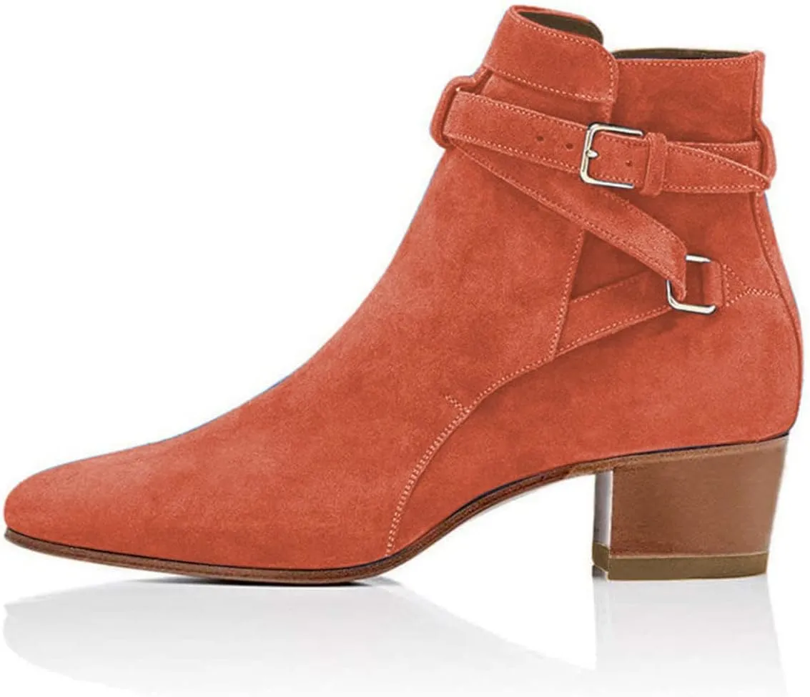 YDN Women Block Low Heel Suede Cowgirl Boots Pull on Ankle Bootie with Buckle