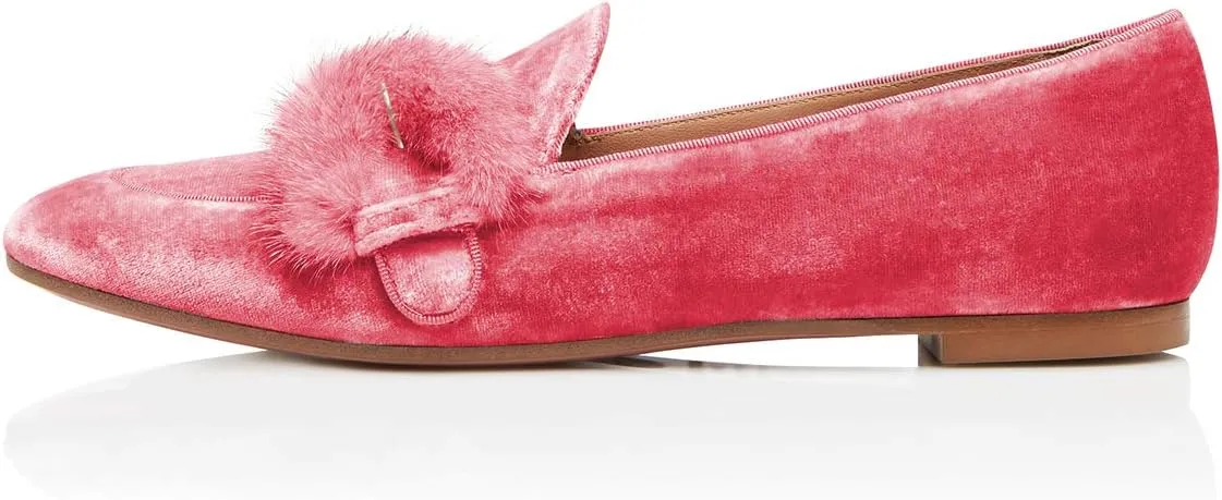 YDN Women Comfy Round Toe Loafers Slip on Low Heel Ballet Flats Fur Velvet Pumps Dress Walking Office Shoes