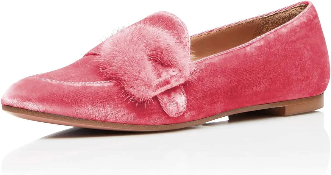 YDN Women Comfy Round Toe Loafers Slip on Low Heel Ballet Flats Fur Velvet Pumps Dress Walking Office Shoes