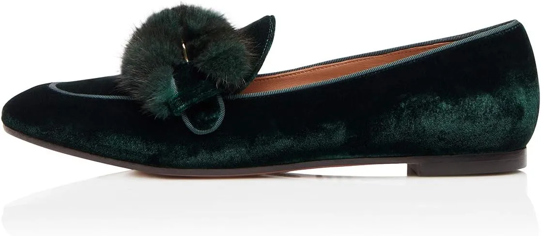 YDN Women Comfy Round Toe Loafers Slip on Low Heel Ballet Flats Fur Velvet Pumps Dress Walking Office Shoes