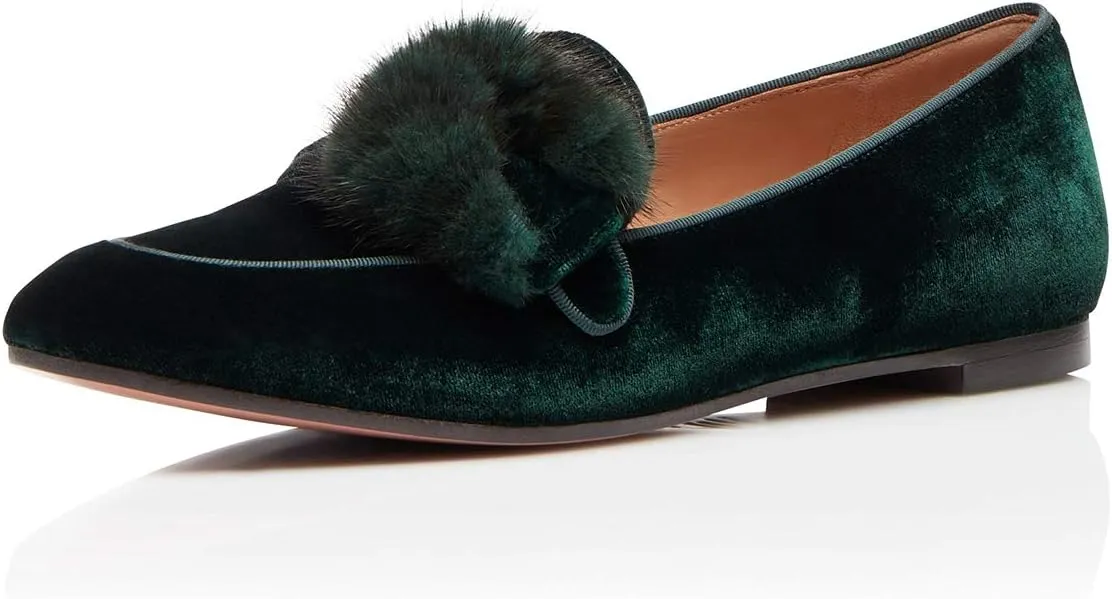 YDN Women Comfy Round Toe Loafers Slip on Low Heel Ballet Flats Fur Velvet Pumps Dress Walking Office Shoes