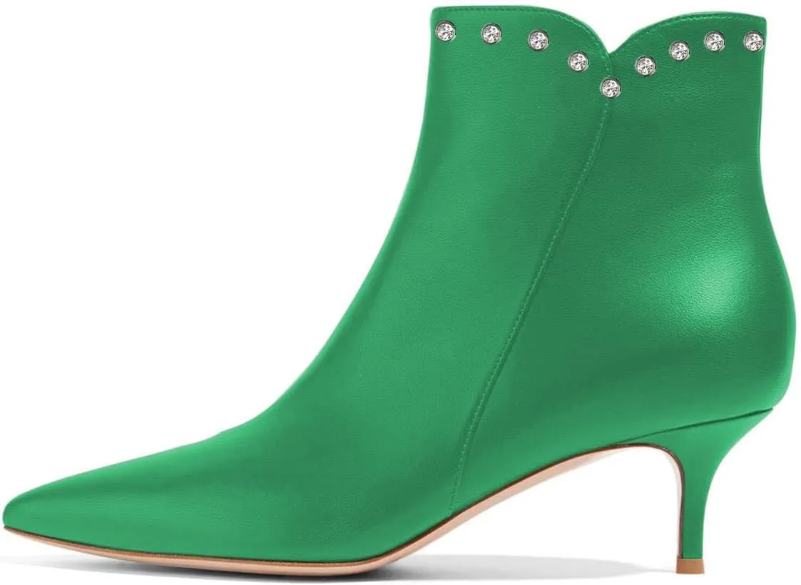 YDN Women Dressy Kitten Low Heels Ankle Boots Pointed Toe Booties Fashion Side Zipper Rhinestone Studded Shoes Size 4-15 US