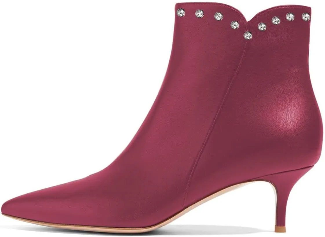 YDN Women Dressy Kitten Low Heels Ankle Boots Pointed Toe Booties Fashion Side Zipper Rhinestone Studded Shoes Size 4-15 US