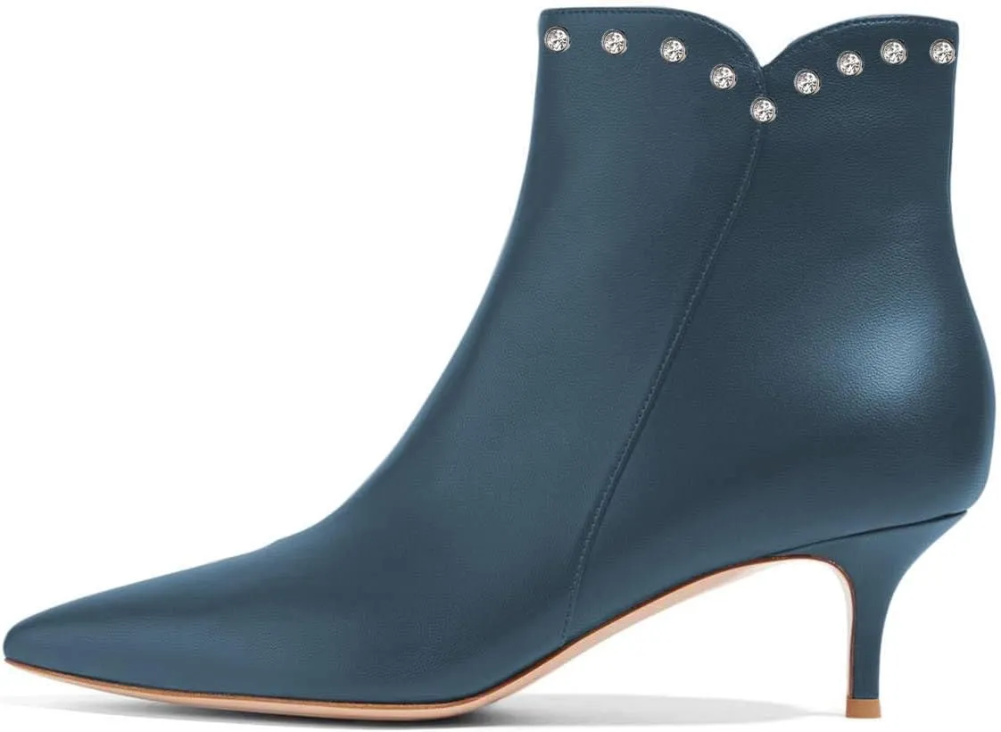 YDN Women Dressy Kitten Low Heels Ankle Boots Pointed Toe Booties Fashion Side Zipper Rhinestone Studded Shoes Size 4-15 US