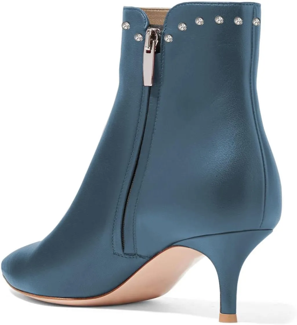 YDN Women Dressy Kitten Low Heels Ankle Boots Pointed Toe Booties Fashion Side Zipper Rhinestone Studded Shoes Size 4-15 US
