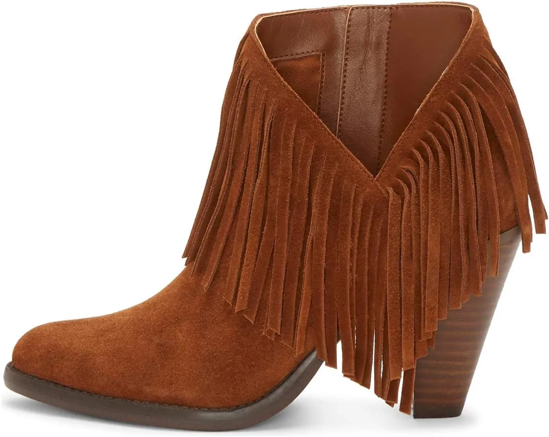 YDN Women High Chunky Block Stacked Heel Ankle Booties Fringe Cutout Short Boots Side Zip Western Shoes