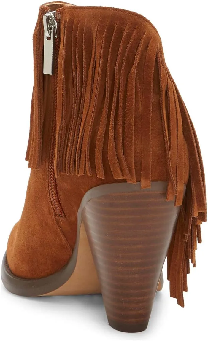 YDN Women High Chunky Block Stacked Heel Ankle Booties Fringe Cutout Short Boots Side Zip Western Shoes