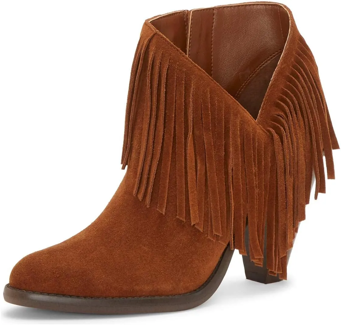 YDN Women High Chunky Block Stacked Heel Ankle Booties Fringe Cutout Short Boots Side Zip Western Shoes