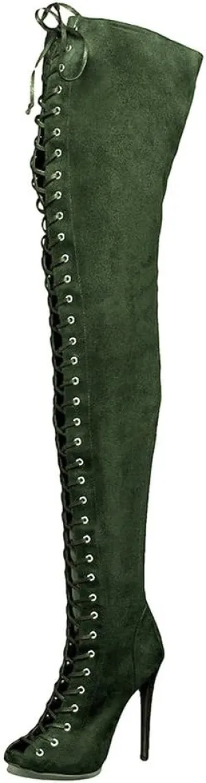 YDN Women Peep Toe Thigh High Heel Boots Stiletto Lace-up Suede Winter Shoes with Zipper