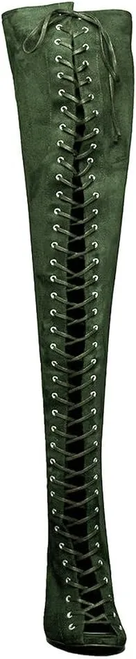 YDN Women Peep Toe Thigh High Heel Boots Stiletto Lace-up Suede Winter Shoes with Zipper