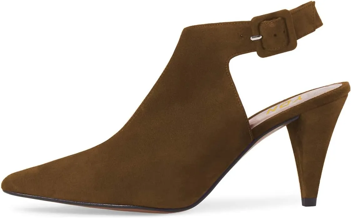 YDN Women Pointed Toe Cone High Heels Slingback Booties Ankle Strap Faux Suede Buckle Party Dress Sandal Size 4-15 US