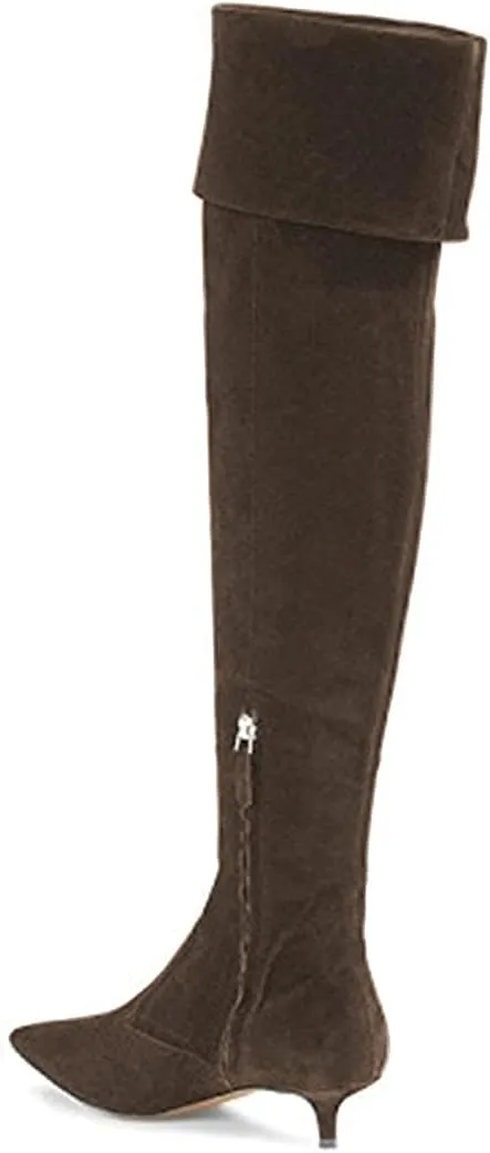 YDN Women Pointed Toe Over The Knee High Stilettos Kitten Mid Heel Wide Calf Zipper Dress Shoes