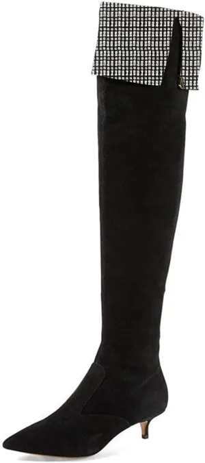 YDN Women Pointed Toe Over The Knee High Stilettos Kitten Mid Heel Wide Calf Zipper Dress Shoes