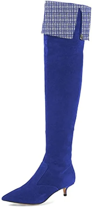 YDN Women Pointed Toe Over The Knee High Stilettos Kitten Mid Heel Wide Calf Zipper Dress Shoes