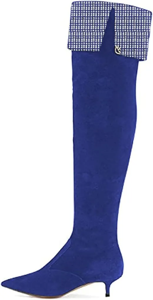 YDN Women Pointed Toe Over The Knee High Stilettos Kitten Mid Heel Wide Calf Zipper Dress Shoes