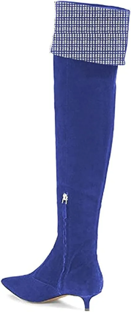 YDN Women Pointed Toe Over The Knee High Stilettos Kitten Mid Heel Wide Calf Zipper Dress Shoes