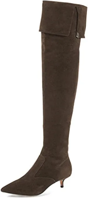 YDN Women Pointed Toe Over The Knee High Stilettos Kitten Mid Heel Wide Calf Zipper Dress Shoes