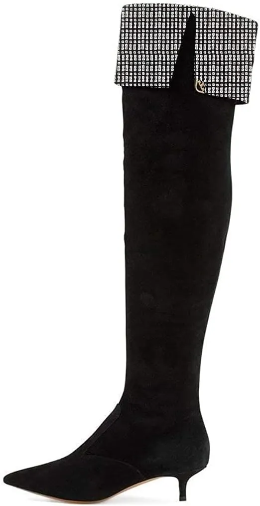 YDN Women Pointed Toe Over The Knee High Stilettos Kitten Mid Heel Wide Calf Zipper Dress Shoes
