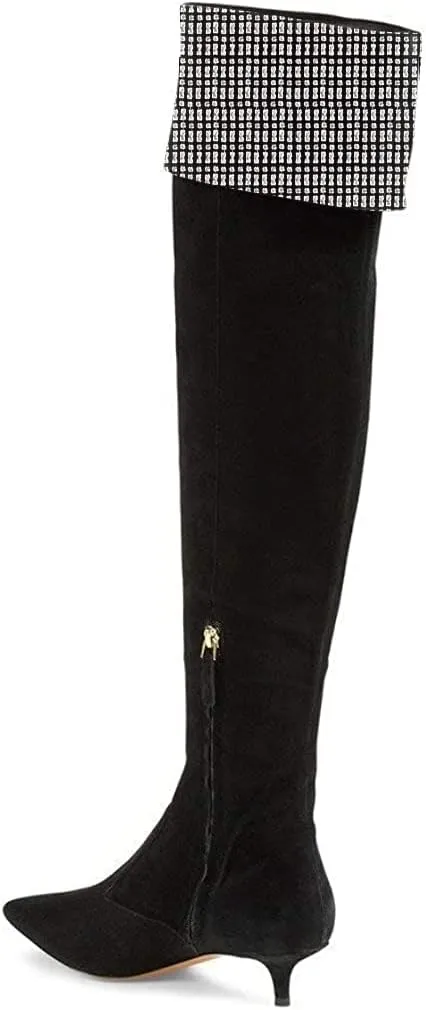 YDN Women Pointed Toe Over The Knee High Stilettos Kitten Mid Heel Wide Calf Zipper Dress Shoes