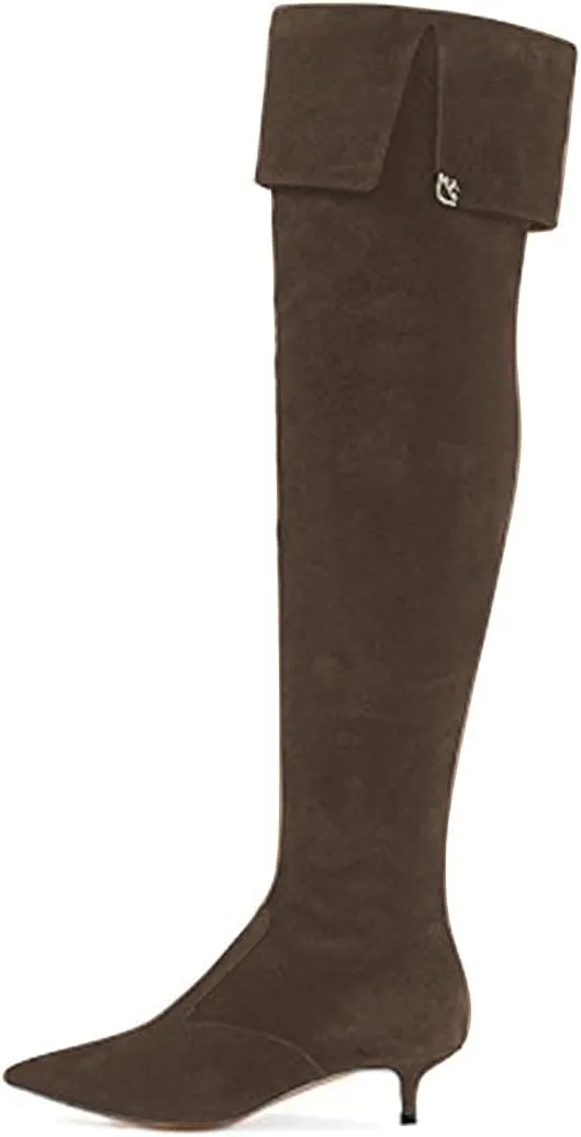 YDN Women Pointed Toe Over The Knee High Stilettos Kitten Mid Heel Wide Calf Zipper Dress Shoes