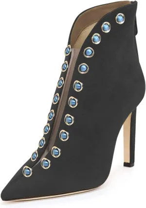 YDN Women Pointed Toe V Cut Ankle Booties Mid Heel Faux Suede PVC Zippers Prom Party Dress Short Boots Size 4-15 US