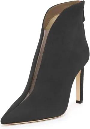 YDN Women Pointed Toe V Cut Ankle Booties Mid Heel Faux Suede PVC Zippers Prom Party Dress Short Boots Size 4-15 US