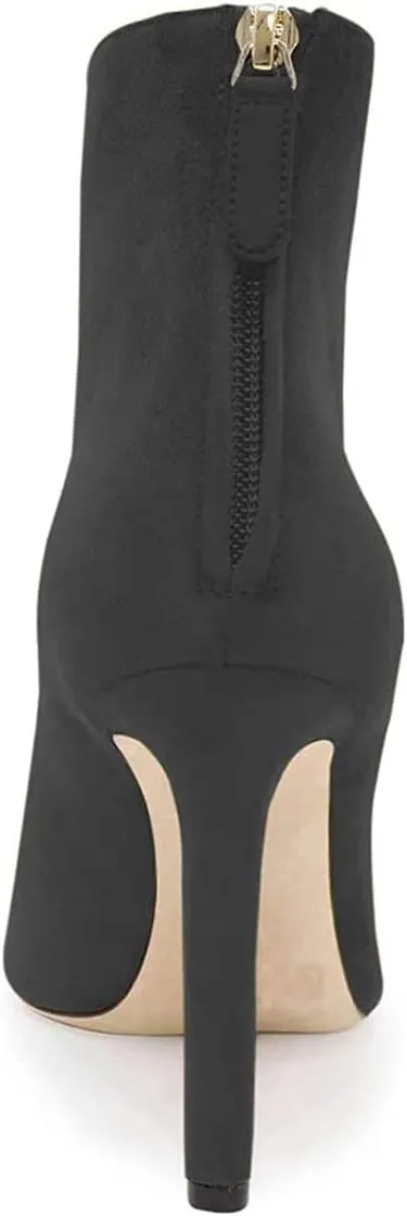 YDN Women Pointed Toe V Cut Ankle Booties Mid Heel Faux Suede PVC Zippers Prom Party Dress Short Boots Size 4-15 US