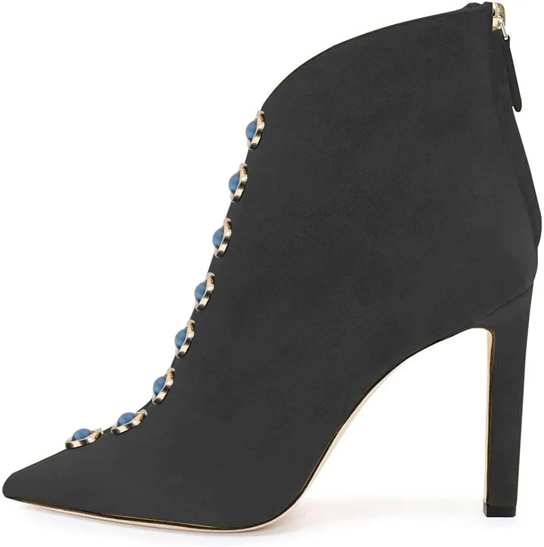 YDN Women Pointed Toe V Cut Ankle Booties Mid Heel Faux Suede PVC Zippers Prom Party Dress Short Boots Size 4-15 US