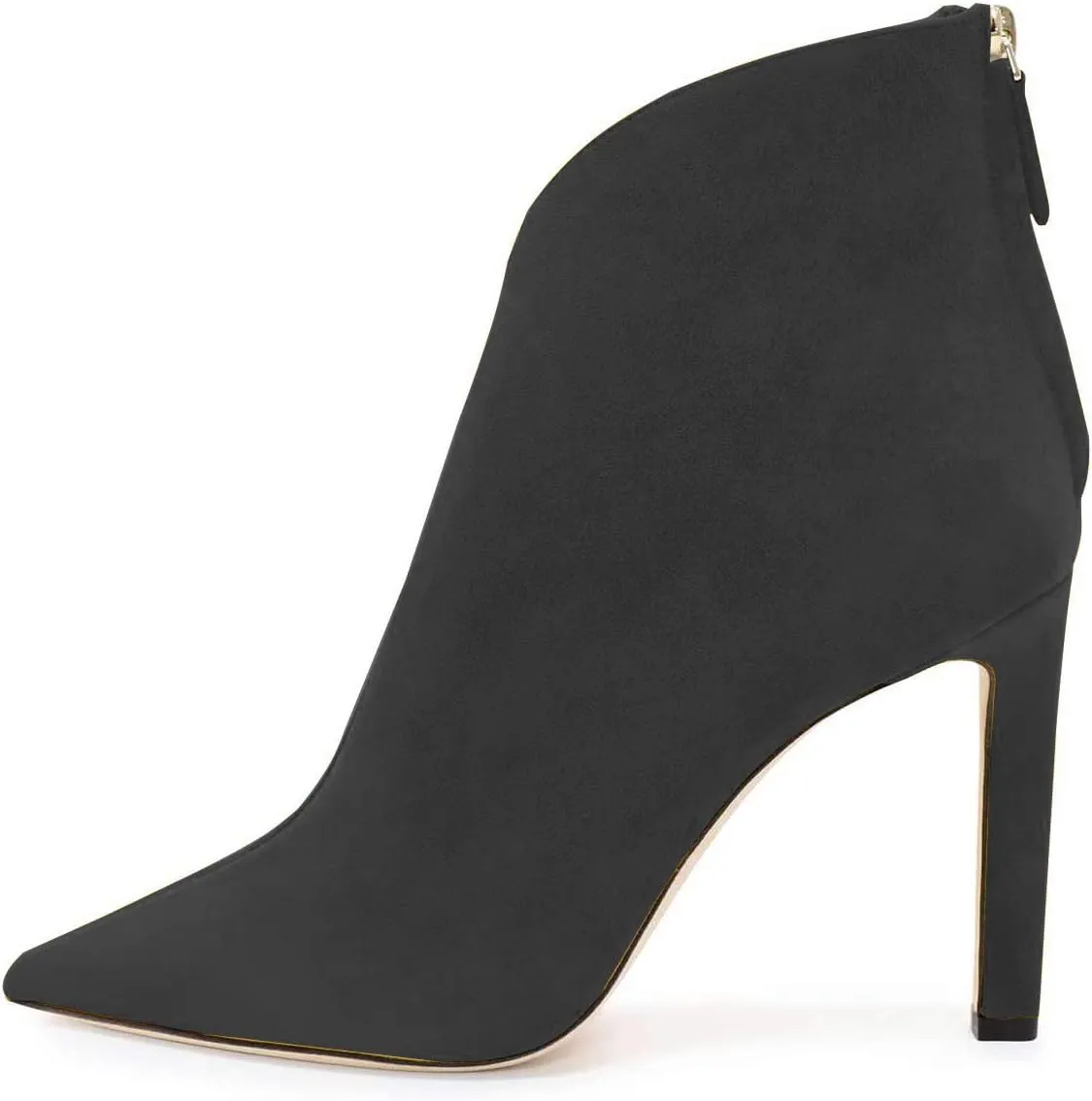 YDN Women Pointed Toe V Cut Ankle Booties Mid Heel Faux Suede PVC Zippers Prom Party Dress Short Boots Size 4-15 US