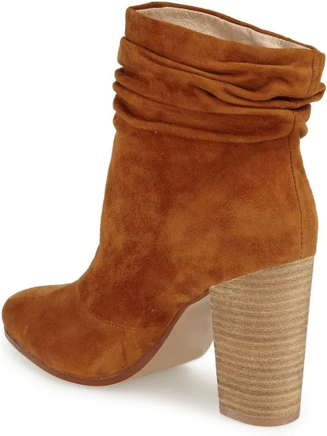 YDN Women Pull on Booties Chunky Heel Slouch Ankle Boots Round Toe Stacked Retro Shoes