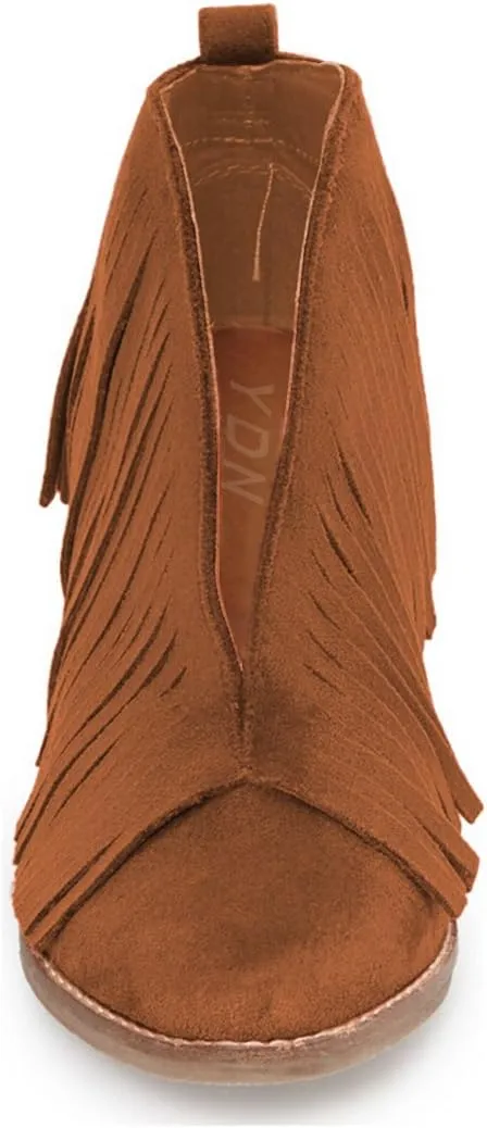 YDN Women Western Ankle High Boots with Tassels Round Toe Block Heel Suede Retro Booties Shoes Size 4-15 US