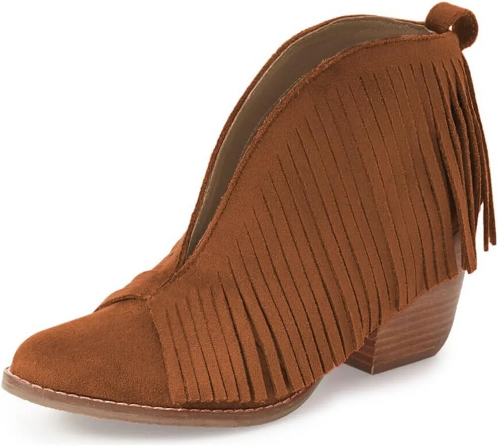 YDN Women Western Ankle High Boots with Tassels Round Toe Block Heel Suede Retro Booties Shoes Size 4-15 US