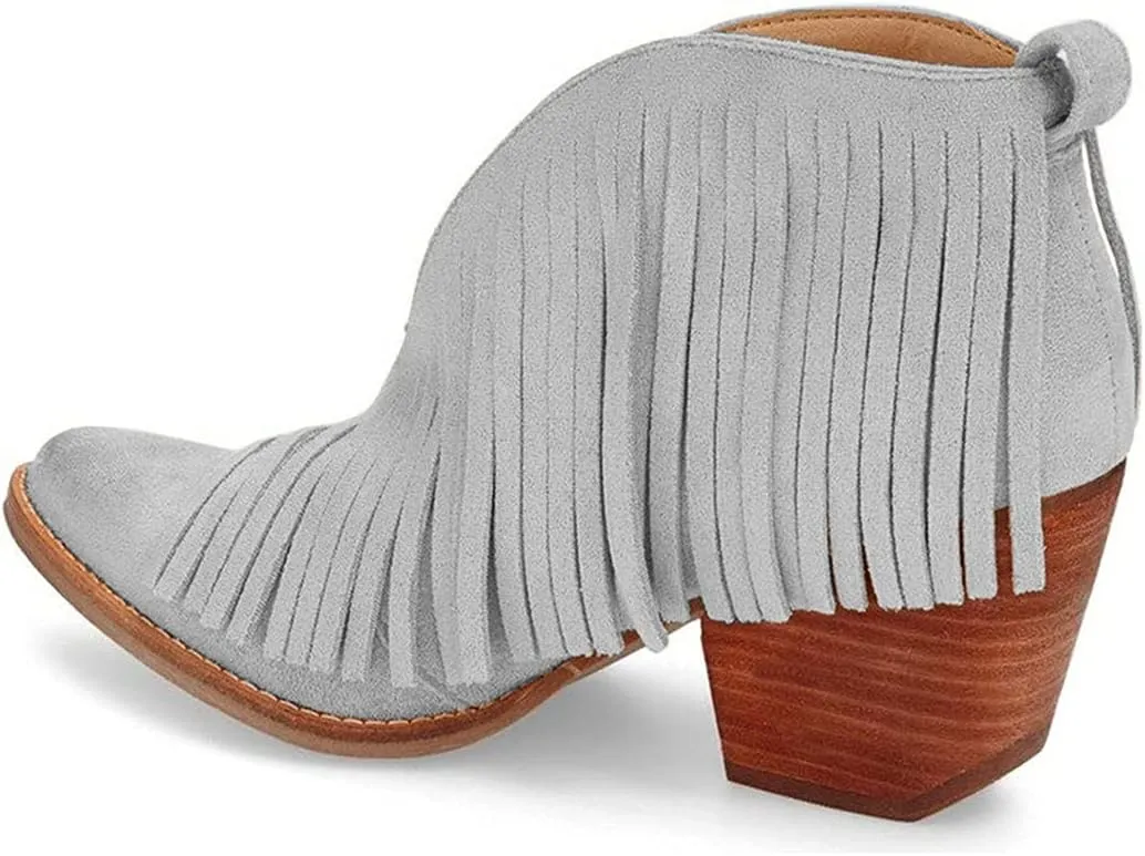 YDN Women Western Ankle High Boots with Tassels Round Toe Block Heel Suede Retro Booties Shoes Size 4-15 US