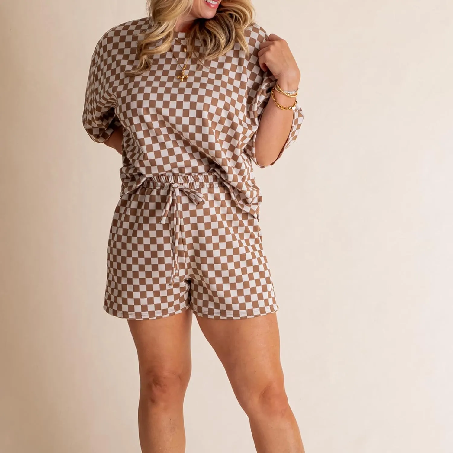 Yoawdats Women 2 Piece Summer Checkered Outfits Casual Plaid Print Short Sleeve Pullover Top and Shorts Matching Lounge Set