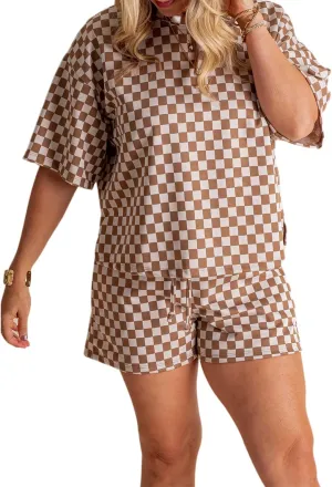 Yoawdats Women 2 Piece Summer Checkered Outfits Casual Plaid Print Short Sleeve Pullover Top and Shorts Matching Lounge Set