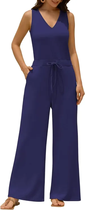ZAFUL Womens Jumpsuits Summer 2025 Casual One Piece Outfits V Neck Sleeveless Wide Leg Long Pants Rompers with Pockets