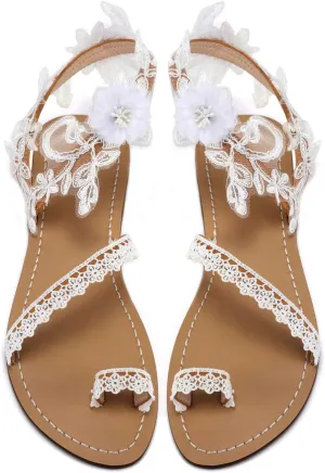 ZhuLinFeng Women'S Wedding Flat Sandals, White Lace Sandals, Beach Sandals, Wedding Party Dress White Dress Sandals Size 6