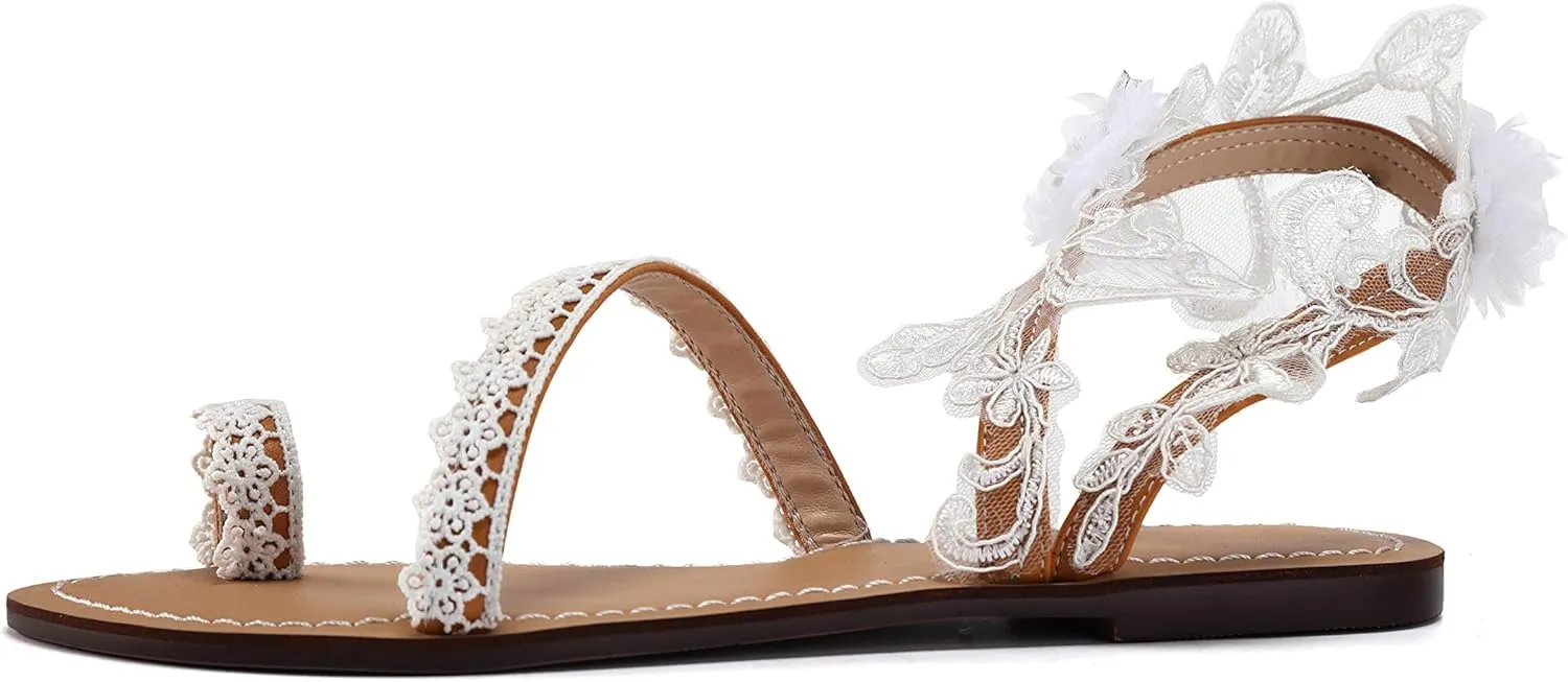 ZhuLinFeng Women'S Wedding Flat Sandals, White Lace Sandals, Beach Sandals, Wedding Party Dress White Dress Sandals Size 6