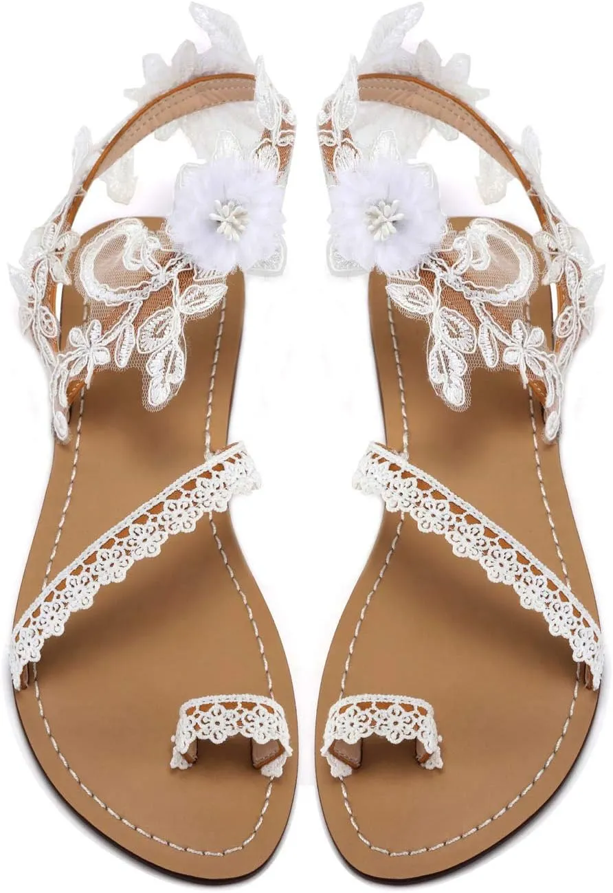 ZhuLinFeng Women'S Wedding Flat Sandals, White Lace Sandals, Beach Sandals, Wedding Party Dress White Dress Sandals Size 6