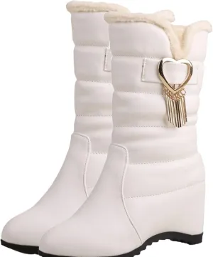 Zipper Mid Calf Snow Boots, Short Plush Lined Raw Edge Warm Straight Boots Patent Leather Dirt Resistant Women's Boots Metal Tassel Decoration Fashion Boots