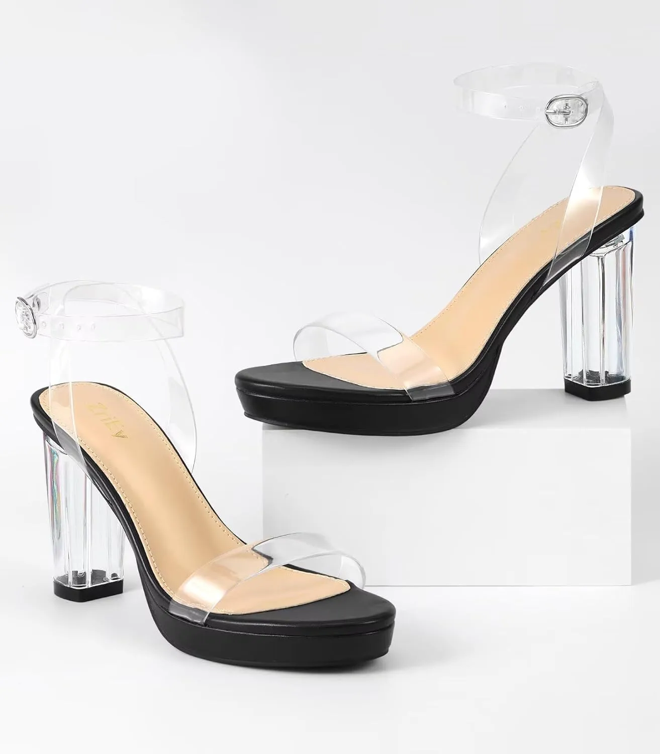 ZriEy 4-Inch Platform Clear High Heels for Women Block Chunky Heeled Sandals Open Toe Ankle Strap Heels Wedding Party Evening Prom Dress Pump Sandal Shoes