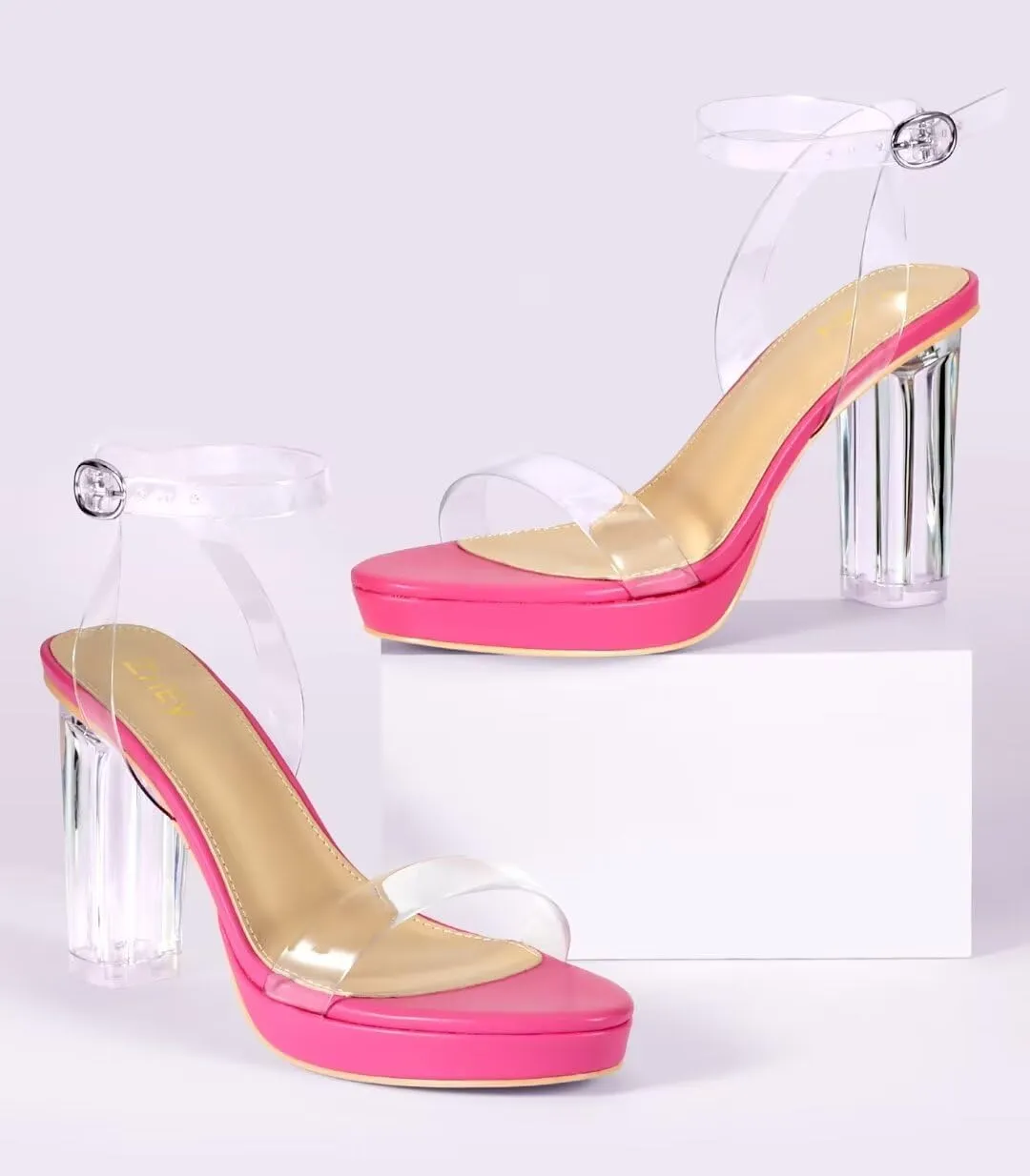 ZriEy 4-Inch Platform Clear High Heels for Women Block Chunky Heeled Sandals Open Toe Ankle Strap Heels Wedding Party Evening Prom Dress Pump Sandal Shoes