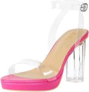 ZriEy 4-Inch Platform Clear High Heels for Women Block Chunky Heeled Sandals Open Toe Ankle Strap Heels Wedding Party Evening Prom Dress Pump Sandal Shoes