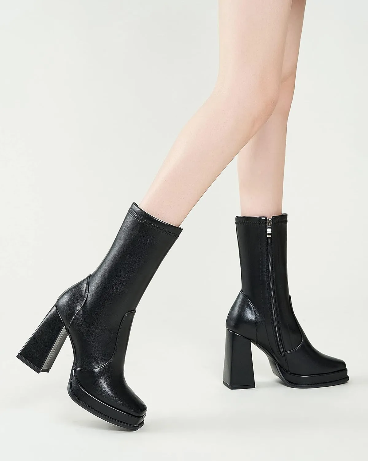 ZXHYZLZ Platform Boots For Women 70S Gogo Boots Chunky Heel Mid-Calf Zipper Square Toe Heeled Booties
