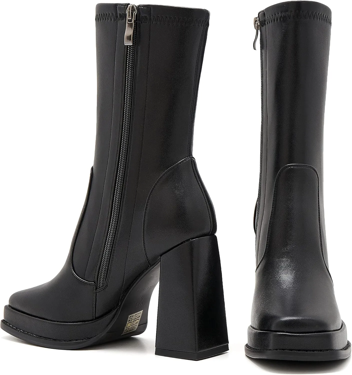 ZXHYZLZ Platform Boots For Women 70S Gogo Boots Chunky Heel Mid-Calf Zipper Square Toe Heeled Booties