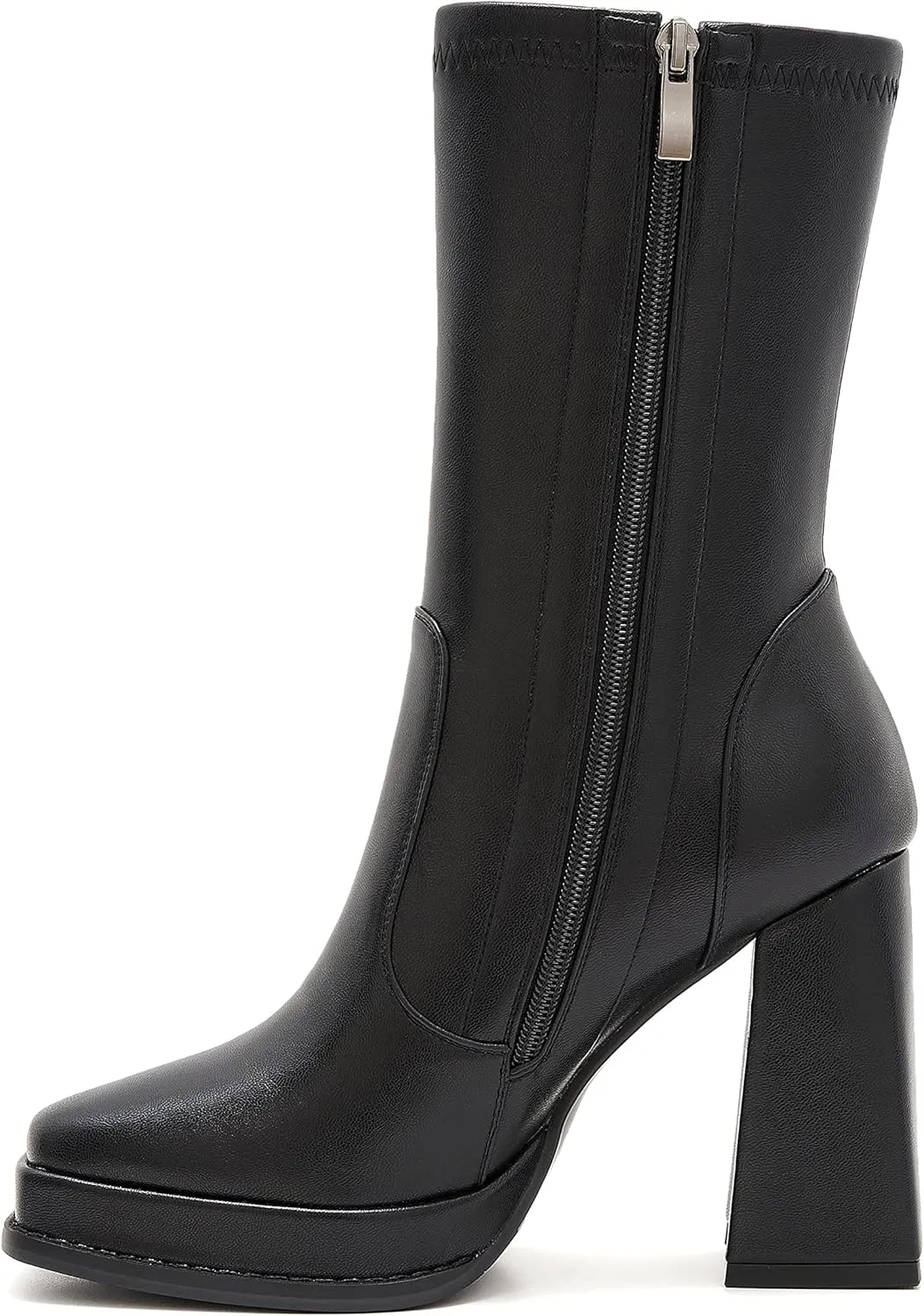 ZXHYZLZ Platform Boots For Women 70S Gogo Boots Chunky Heel Mid-Calf Zipper Square Toe Heeled Booties